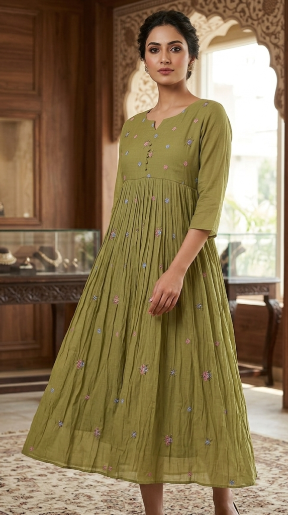 Premium Mul Chanderi Pleated Anarkali Kurti