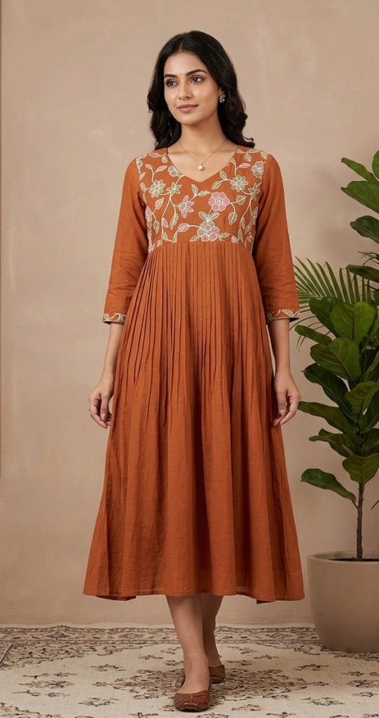 Rust-Colored, Floral-Embroidered Anarkali